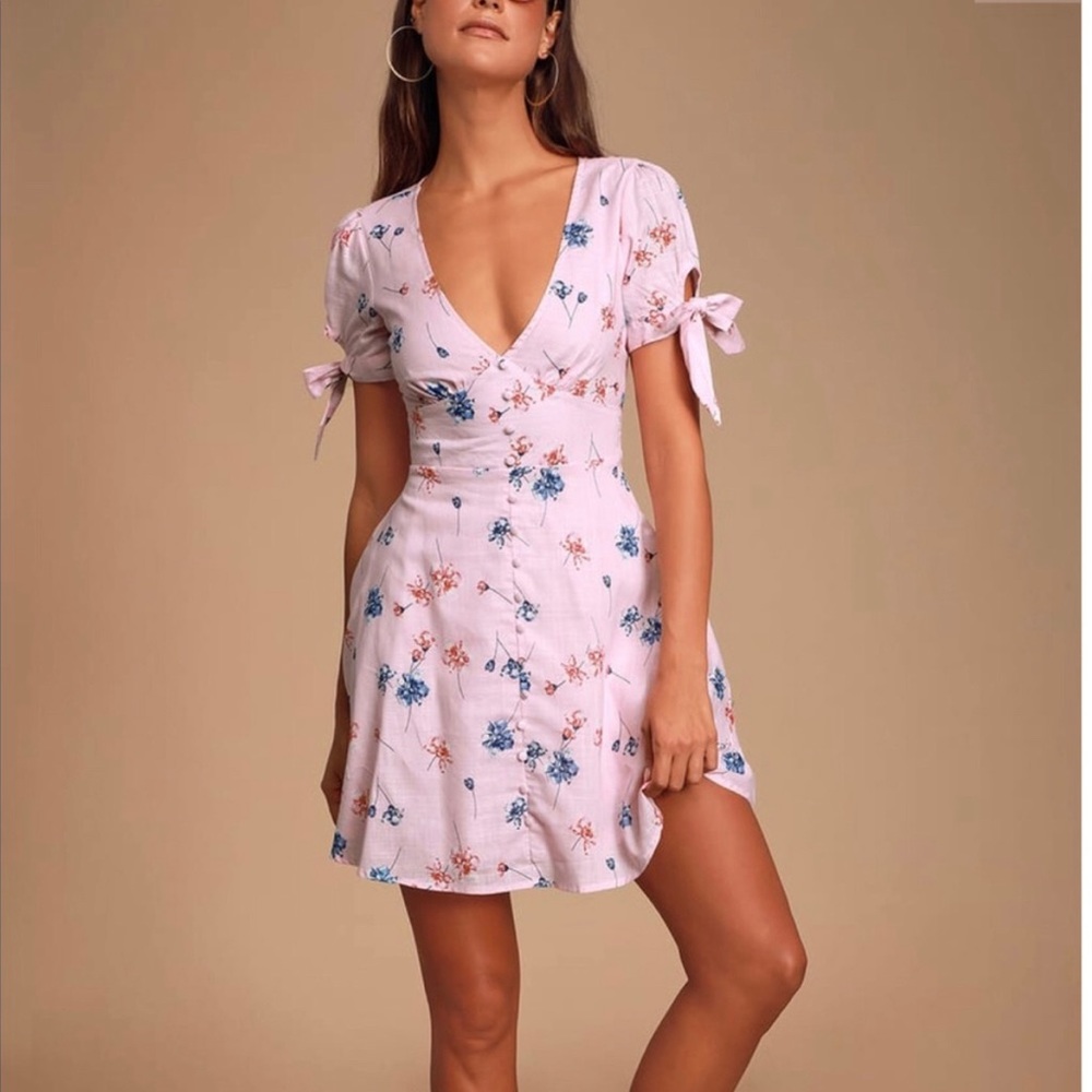 LULU'S Lilly Light Pink Floral Tie Sleeve Dress S
